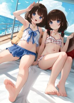 2girls absurdres barefoot bikini blue_eyes brown_hair commentary comodox english_commentary faeryn_(comodox) feet frilled_bikini frills highres looking_at_viewer multiple_girls navel original outdoors paid_reward_available sheryn_(comodox) sitting soles swimsuit toes twintails