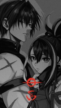 1boy 1girl armband fate/grand_order fate_(series) grey_background greyscale hair_intakes harada_sanosuke_(fate) highres kawakami_gensai_(fate) kawakami_gensai_(first_ascension)_(fate) long_hair looking_at_viewer monochrome multicolored_hair multiple_scars ponytail scar scar_on_arm scarf shirt short_hair simple_background sleeveless sleeveless_shirt spot_color streaked_hair toned toned_male upper_body zikigs