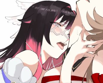 2girls absurdres bare_shoulders black_hair blunt_bangs blush bright_pupils brown_hair columbina_(genshin_impact) commentary_request detached_collar dress eye_mask feathered_wings genshin_impact gradient_hair hair_between_eyes hair_ornament half-closed_eyes hand_on_another's_neck hand_up head_wings highres lips long_hair looking_at_viewer mask multicolored_hair multiple_girls multiple_wings off-shoulder_dress off_shoulder open_mouth pink_hair purple_eyes sa_3987 sandrone_(genshin_impact) short_hair_with_long_locks sidelocks simple_background sweat teeth tongue tongue_out two-tone_hair upper_body white_background white_dress white_mask white_pupils wing_collar wings x_hair_ornament yuri