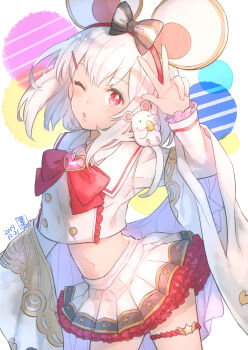 1girl ;o animal_ears bow commentary_request fake_animal_ears granblue_fantasy heart long_hair long_sleeves looking_at_viewer midriff mouse_(animal) mouse_ears navel one_eye_closed red_eyes sailor_collar shuu_(fuhm7757) simple_background skirt solo thigh_strap vikala_(granblue_fantasy) w w_over_head white_background white_hair white_sailor_collar white_skirt
