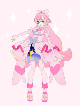 1girl 6npnmcuvsauiemp absurdres ascot blue_bow boots bow braid brooch center_frills commentary crown_braid cure_prism dress dress_bow earrings elbow_gloves frills full_body glove_bow gloves green_eyes hair_bow highres hirogaru_sky!_precure jewelry knee_boots layered_dress long_hair looking_at_viewer magical_girl medium_dress nijigaoka_mashiro open_mouth pink_background pink_hair precure side_braids sleeveless sleeveless_dress smile solo sparkle standing very_long_hair white_ascot white_boots white_bow white_dress white_gloves wing_brooch