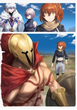 2boys 2girls abs blue_sky breasts chaldea_uniform cloud cloudy_sky day fate/grand_order fate_(series) fujimaru_ritsuka_(female) fujimaru_ritsuka_(female)_(true_ether_chaldea_uniform) hair_ornament hair_scrunchie highres holding holding_shield isshiki_(1sshiki) leonidas_(fate) looking_at_another mash_kyrielight mash_kyrielight_(demi-servant) medium_breasts merlin_(fate) multiple_boys multiple_girls muscular muscular_male official_alternate_costume orange_hair pectorals purple_hair scene_reference scrunchie sequential shield side_ponytail sky small_breasts smile upper_body white_hair wide-eyed