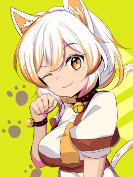 1girl :3 bell breasts brown_eyes brown_hair calico_(pattern) cat_girl cat_tail goutokuji_mike harakune_(mugennero) highres jingle_bell medium_breasts multicolored_shirt multicolored_tail neck_bell one-hour_drawing_challenge one_eye_closed orange_hair patchwork_clothes paw_pose paw_print paw_print_background puffy_short_sleeves puffy_sleeves shirt short_sleeves simple_background solo tail touhou white_hair white_shirt yellow_background