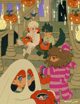 1girl 3boys animal_costume artist_name bat_(animal) black_cape black_hair blonde_hair blue_eyes brown_eyes brown_hair brown_pants candy candy_cane cape cat_costume curly_hair draco_malfoy food freckles frilled_shirt frills furrowed_brow ghost_costume glasses green_eyes grey_pants hair_between_eyes halloween halloween_bucket halloween_costume harry_potter harry_potter_(series) helen_jee hermione_granger highres jack-o&#039;-lantern long_hair multiple_boys open_mouth pants parted_bangs red_cape red_hair ron_weasley round_eyewear scar scar_on_face scar_on_forehead shirt short_hair sitting stairs sweatdrop torn_clothes torn_shirt trick-or-treating two-sided_cape two-sided_fabric vampire_costume werewolf_costume whiskers white_shirt wizarding_world wrapped_candy