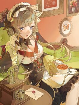1girl absurdres antique_phone asagihisui bare_shoulders black_dress black_sleeves blue_eyes breasts brown_hair cleavage commentary_request cup detached_sleeves dress genshin_impact gloves hand_up highres holding holding_cup holding_phone large_breasts letter long_hair long_sleeves looking_at_viewer open_mouth phone rotary_phone sandrone_(genshin_impact) sitting sleeveless sleeveless_dress solo teacup very_long_hair white_gloves