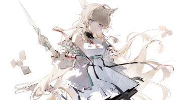 Rule 34 | 1girl, absurdres, ahoge, animal ears, arknights, arknights: endfield, belt, bird ears, bird girl, black gloves, blonde hair, blue belt, blue eyes, breasts, closed mouth, commentary, cowboy shot, dress, gloves, high belt, highres, holding, holding weapon, jacket, light smile, long hair, looking at viewer, luozhou pile, medium breasts, off shoulder, open clothes, open jacket, padded jacket, perlica (arknights), simple background, sleeveless, sleeveless dress, solo, standing, very long hair, weapon, white background, white dress, white jacket