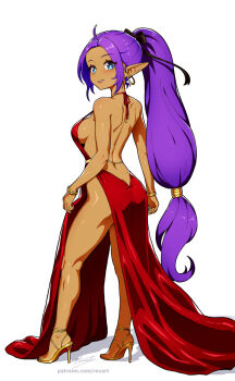 Rule 34 | 1girl, ahoge, alternate costume, alternate hairstyle, ass, backless dress, backless outfit, bare shoulders, blue eyes, blush, bracelet, breasts, dark-skinned female, dark skin, dress, earrings, full body, gold bracelet, high heels, hoop earrings, jewelry, large breasts, long hair, looking at viewer, parted lips, pointy ears, ponytail, purple hair, red dress, revenantart, shantae, shantae (series), sideboob, simple background, sleeveless, sleeveless dress, smile, solo, very long hair, white background