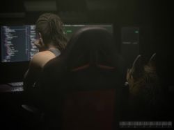 1girl 3d animated artist_name bestiality black_thighhighs breasts brown_hair capcom chair claire_redfield cleavage dog doggystyle grey_shirt hetero indoors looking_at_another moaning monitor on_chair pog_benis ponytail resident_evil sex sex_from_behind shirt sitting sound thighhighs vaginal video