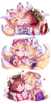 3girls :3 ;) ;d animal_ears blonde_hair blue_tabard blush bow bowtie breasts brown_hair cat_ears cat_girl cat_tail chen choker cleavage closed_eyes commentary_request cropped_shoulders dress fox fox_girl green_hat hat hat_ribbon heart highres kiss kissing_cheek masanaga_(tsukasa) mob_cap multiple_girls multiple_tails one_eye_closed open_mouth puff_of_air purple_dress purple_eyes red_eyes red_ribbon red_vest ribbon ribbon_choker shirt short_hair simple_background smile tabard tail touhou trembling two_tails v-shaped_eyebrows vest white_background white_bow white_bowtie white_dress white_hat white_shirt yakumo_ran yakumo_yukari yellow_eyes yuri