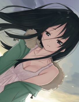 Rule 34 | 1girl, akiyama mio, alternate costume, andreypavlow, black hair, breasts, breasts squeezed together, cleavage, closed mouth, coat, collarbone, commentary, dutch angle, english commentary, frown, fur-trimmed coat, fur trim, green coat, highres, k-on!, long hair, looking at viewer, medium breasts, nightgown, open clothes, open coat, single bare shoulder, sky, solo, upper body, white nightgown, winter clothes