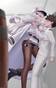 1boy 1girl absurdres assertive_female azur_lane black_boots black_pantyhose boots breasts brown_hair brown_pantyhose commander_(azur_lane) commentary_request femdom fur-trimmed_boots fur_collar fur_trim gangut_(azur_lane) hair_between_eyes hat hetero high_heels highres kabedon large_breasts leg_belt long_hair mikumaushi military military_uniform narrowed_eyes naval_uniform open_mouth pantyhose red_eyes tongue tongue_out white_hair white_hat
