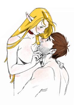 1boy 1girl aatom87 alternate_breast_size_(larger) artist_name beard_stubble blonde_hair breasts brown_hair chilchuck_tims chilchuck_tims_(tallman) choker commentary dungeon_meshi english_commentary eye_contact facial_hair green_eyes hetero highres large_breasts looking_at_another marcille_donato nude pointy_ears red_choker stubble