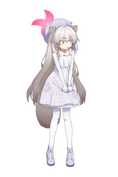 1girl absurdres adon_(dufaladanidu) ahoge animal_ears averting_eyes bare_shoulders bell blue_archive boots dress dress_tug elbow_gloves full_body gloves grey_hair halo hat highres jingle_bell long_hair michiru_(blue_archive) michiru_(dress)_(blue_archive) neck_bell open_mouth pantyhose pink_halo raccoon_ears raccoon_girl raccoon_tail simple_background sleeveless sleeveless_dress solo standing tail white_background white_dress white_gloves white_pantyhose yellow_eyes