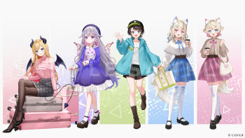 5girls :d animal_ears aqua_eyes aqua_jacket bag bandaid bandaid_hair_ornament baseball_cap beret black_hair black_hat black_horns black_pantyhose black_shoes black_shorts black_skirt blonde_hair blue_eyes blue_hair blue_skirt boots brown_boots brown_capelet brown_shirt capelet center-flap_bangs closed_mouth colored_inner_hair commentary_request copyright_name cup demon_girl demon_horns demon_tail demon_wings disposable_coffee_cup disposable_cup dog_ears dog_girl dog_tail double-parted_bangs dress full_body fuwawa_abyssgard geow_(koseki_bijou) gradient_hair grey_hair hair_between_eyes hair_ornament hair_ribbon hand_up handbag hat high_heels holding holding_cup holding_suitcase hololive hololive_english hood hooded_jacket horns jacket jewel_under_eye jewelry koseki_bijou long_hair long_sleeves looking_at_viewer mary_janes metal_wings mococo_abyssgard momoshiki_tsubaki multicolored_hair multiple_girls necklace official_alternate_costume official_art oozora_subaru open_mouth pantyhose pencil_skirt pink_eyes pink_hair pink_shirt pink_skirt pointy_ears purple_dress purple_eyes purple_hat ribbon sample_watermark shirt shoes short_hair shorts siblings sisters sitting skirt smile socks standing strappy_heels streaked_hair subaru_duck suitcase swept_bangs tail thighhighs tress_ribbon twins two_side_up very_long_hair virtual_youtuber watermark waving white_capelet white_shirt white_socks white_thighhighs wings x_hair_ornament yuzuki_choco