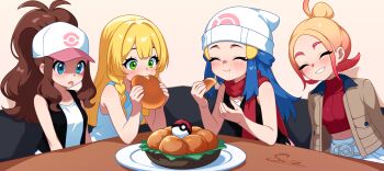4girls :t absurdres baseball_cap black_shirt black_vest blonde_hair blush bread brown_hair brown_jacket closed_eyes closed_mouth commentary dawn_(pokemon) drooling eating eyelashes food green_eyes grin hat highres hilda_(pokemon) holding holding_food jacket lillie_(pokemon) long_hair mouth_drool multiple_girls nintendo open_clothes open_jacket open_vest plate poke_ball poke_ball_(basic) pokemon pokemon_bw pokemon_dppt pokemon_legends:_z-a pokemon_sm red_scarf red_shirt scarf shirt sidelocks signature sleeveless sleeveless_shirt smile su1zide table taunie_(pokemon) teeth vest white_hat white_shirt