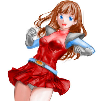 1girl :d armor belt blue_belt blue_eyes breasts brown_hair covered_navel dress gloves gluteal_fold grey_gloves highres kanda_momo legs_together long_hair looking_at_viewer minamoto80486 open_mouth panties pantyshot pauldrons pleated_dress red_dress short_dress shoulder_armor simple_background small_breasts smile solo standing teeth thigh_gap turtleneck turtleneck_dress underwear upper_teeth_only white_background wonder_momo