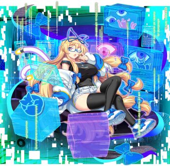 1girl alternate_costume bespectacled black_shirt black_thighhighs blonde_hair blue-framed_eyewear blue_bow bow breasts cable cable_tail cat cat_tail contemporary crossed_legs game_asset gap_(touhou) glasses hair_bow hair_ribbon highres holographic_monitor jacket large_breasts long_hair looking_at_viewer mechanical_tail multiple_hair_bows multiple_tails official_art one_eye_closed open_clothes open_jacket open_mouth red_bow red_ribbon ribbon rotte_(1109) science_fiction semi-rimless_eyewear shirt shoes shorts simple_background sitting sneakers solo tail thighhighs third-party_source touhou touhou_lostword transparent_background two_tails under-rim_eyewear very_long_hair white_jacket white_shoes white_shorts yakumo_yukari yawning yellow_eyes