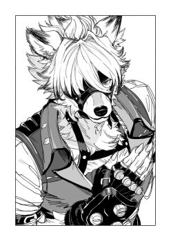 1boy animal_ears bicep_strap birdhatter black_gloves body_fur closed_mouth collared_vest colored_tips eyepatch fingerless_gloves furry furry_male gloves grey_vest greyscale hair_between_eyes hand_on_own_chest interspecies jewelry looking_at_viewer male_focus monochrome multicolored_hair multiple_rings muzzle_(mask) ring shirt sleeves_rolled_up solo upper_body vest von_lycaon white_fur white_shirt wolf_boy wolf_ears zenless_zone_zero