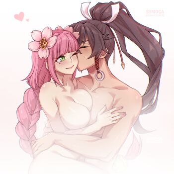 1boy 1girl braid breasts brown_hair closed_eyes commission commissioner_upload completely_nude convenient_censoring flower green_eyes hair_flower hair_ornament hetero kiss kissing_cheek large_breasts long_hair nude one_eye_closed pink_hair ponytail rune_factory rune_factory:_guardians_of_azuma smile steam steam_censor subaru_(rune_factory) symoca ulalaka
