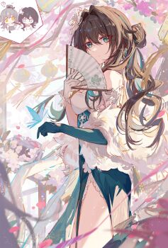 Rule 34 | 1girl, ?, absurdres, asymmetrical gloves, bare shoulders, breasts, brown hair, bug, butterfly, cake cat (honkai: star rail), chibi, chinese commentary, closed mouth, commentary, detached sleeves, dress, earrings, elbow gloves, feather boa, flower, folding fan, from side, gloves, green dress, green eyes, green gloves, hair between eyes, hair flower, hair ornament, hand fan, hand up, highres, holding, holding fan, honkai: star rail, honkai (series), insect, jewelry, light smile, long hair, looking at viewer, medium breasts, mismatched gloves, multicolored hair, official alternate costume, revision, ruan mei (honkai: star rail), ruan mei (plumblossom letter) (honkai: star rail), short sleeves, solo, spoken question mark, stelle (honkai: star rail), streaked hair, trailblazer (honkai: star rail), uneven gloves, white flower, white gloves, yajuu