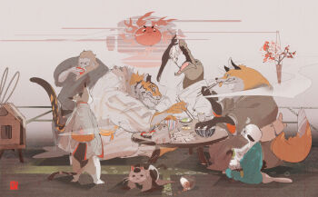 alcohol animal animal_focus animal_request bakeneko bird cat choko_(cup) chopsticks cup drink fantasy fine_art_parody fish food fox highres hiro314 holding holding_chopsticks holding_drink indoors kitsune meat monkey nekomata nihonga original parody personification sakazuki sake style_parody table tavern tiger traditional_youkai ukiyo-e wooden_table