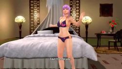 1girl 3d animated ass ayane_(doa) bedroom bikini breasts cleavage dead_or_alive_xtreme_3_fortune female_focus bad_tag indoors interior purple_bikini purple_eyes purple_hair sound swimsuit tagme video