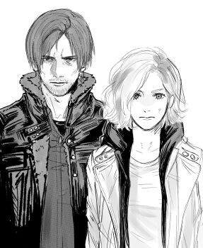 Rule 34 | 1boy, 1girl, beard stubble, black coat, black hoodie, black shirt, blonde hair, closed mouth, coat, commentary, emzok, english commentary, facial hair, grace ashcroft, greyscale, highres, hood, hoodie, jacket over hoodie, leon s. kennedy, monochrome, parted bangs, resident evil, resident evil requiem, shirt, short hair, stubble, sweat, upper body, white background, white shirt
