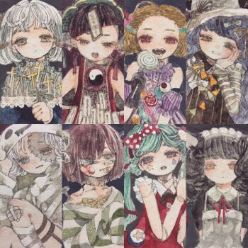 Rule 34 | 6+girls, acrylic paint (medium), black hair, blonde hair, blue hair, blunt bangs, blush, bow, bowtie, bracelet, braid, brown hair, candy, choker, closed eyes, closed mouth, commentary request, cross, curly hair, doll, dress, earrings, eyepatch, food, frills, gloves, green hair, grey hair, hair bow, hair ornament, hair ribbon, hairclip, halloween, headband, highres, jewelry, karintoun, lace, lollipop, long sleeves, looking at viewer, maid, maid headdress, medium hair, multicolored eyes, multicolored hair, multiple girls, necklace, open mouth, original, painting (medium), parted lips, portrait, ribbon, scar, shadow, simple background, smile, star (symbol), stitches, straight-on, striped clothes, striped dress, striped sleeves, tears, traditional media, watercolor (medium), wavy hair, white hair, yin yang