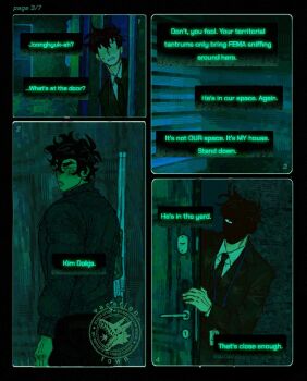 Rule 34 | 2boys, black coat, black hair, black necktie, black vest, coat, collared shirt, commentary, crossover, dark, english text, highres, kim dokja, looking back, male focus, multiple boys, necktie, night, no i'm not a human, omniscient reader's viewpoint, open door, parody, partially shaded face, red eyes, shirt, short hair, sweatdrop, turtleneck, vacation town, vest, white shirt, yoo joonghyuk