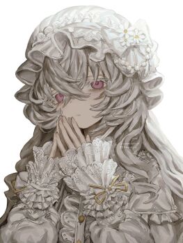 1girl 5masi_o absurdres artist_name daisy_(flower) dress expressionless flower frilled_dress frilled_hairband frilled_sleeves frills hair_between_eyes hair_flower hair_ornament hairband hat highres lolita_fashion long_sleeves looking_at_viewer medium_hair mob_cap original own_hands_together pink_eyes ribbon simple_background solo twitter_username white_background white_dress white_flower yellow_ribbon