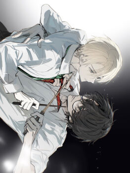 2boys belt black_hair blonde_hair blue_eyes closed_mouth collar cruxlake draco_malfoy eyebrows_hidden_by_hair eyelashes face-to-face glasses green_eyes hand_on_another's_back harry_potter harry_potter_(series) holding holding_wand light_particles looking_at_another male_focus messy_hair multiple_boys necktie shirt short_hair striped_necktie upper_body wand white_shirt wing_collar wizarding_world yaoi