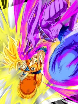 2boys aura battle beerus blonde_hair blue_pants blue_shirt cat dougi dragon_ball dragon_ball_z_kami_to_kami dragonball_z fuzitaro_goku green_eyes highres male_focus medium_hair multiple_boys muscular muscular_male orange_pants orange_shirt pants shirt son_goku spiked_hair super_saiyan super_saiyan_1