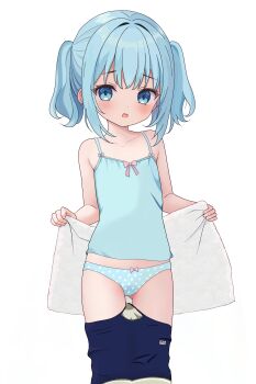 1girl absurdres aqua_eyes aqua_hair aqua_panties blush bow bow_panties clothes_pull female_focus highres holding holding_towel loli looking_at_viewer one-piece_swimsuit one-piece_swimsuit_pull open_mouth original panties pink_bow polka_dot polka_dot_panties shirt solo standing swimsuit totorin7124 towel twintails underwear white_background
