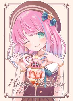1girl :p beret blue_bow bow bracelet brown_hat character-themed_food closed_mouth commentary_request crescent crescent_earrings cup earrings green_eyes hair_bow happy_birthday hat hatanaka_marie highres himemori_luna holding holding_spoon hololive ice_cream_cup inset_border jewelry looking_at_viewer luknight_(himemori_luna) medium_hair official_alternate_hair_length official_alternate_hairstyle one_eye_closed pink_hair portrait solo spoon swept_bangs tongue tongue_out virtual_youtuber