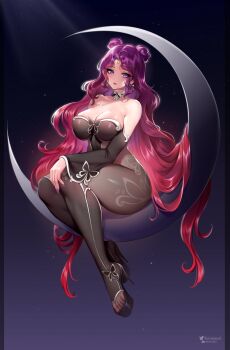 1girl absurdres black_choker black_dress black_pantyhose black_shoes blush breasts choker cleavage crescent_moon detached_sleeves double_bun dress earrings full_body gradient_hair hair_bun high_heels highres jewelry large_breasts long_hair looking_at_viewer makeup moon multicolored_hair open_mouth original pantyhose purple_eyes purple_hair red_hair reimundpurr shoes smile solo stiletto_heels strapless strapless_dress toeless_legwear toes