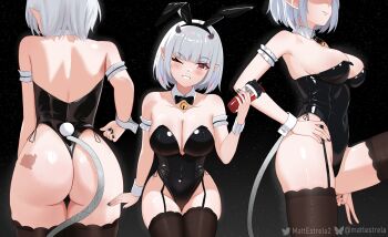 absurdres animal_ears ass ass_focus back bell black_leotard breasts cleavage demon_girl demon_horns demon_tail garter_straps grey_hair hashtag-only_commentary highres hip_focus horns indie_virtual_youtuber leg_up leotard lucy_pyre matt_estrela medium_breasts playboy_bunny pointy_ears rabbit_ears red_eyes short_hair sitting smile tail thighhighs thighs v virtual_youtuber