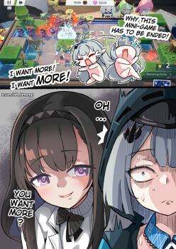 Rule 34 | 2girls, arknights, black bow, black bowtie, black hair, blue eyes, bow, bowtie, closed mouth, commentary, constricted pupils, diamond-shaped pupils, diamond (shape), english commentary, english text, game screenshot inset, grey hair, highres, hm (hmongt), hood, hood up, jacket, long hair, multiple girls, nervous sweating, open mouth, pointy ears, priestess (arknights), purple eyes, screenshot inset, stella sora, sweat, symbol-shaped pupils, tantrum, twitter username, tyrant (stella sora), watermark, web address, white jacket