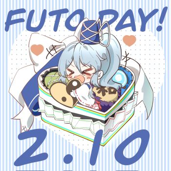 Rule 34 | > <, 1girl, blue hat, blush, box, chibi, chibi only, closed eyes, commentary request, corrupted twitter file, english text, facing viewer, food, grey hair, hat, heart-shaped box, highres, japanese clothes, kaogumaster, kariginu, long hair, mini person, minigirl, mononobe no futo, open mouth, ponytail, ribbon-trimmed sleeves, ribbon trim, smile, solo, tate eboshi, touhou, wide sleeves