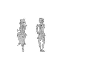 1boy 1girl animated animated_gif bandaid bandaid_on_face bandaid_on_nose bennett_(genshin_impact) black_ribbon boots chinese_commentary commentary_request dancing derivative_work eyepatch fischl_(genshin_impact) from_side genshin_impact gloves goggles goggles_on_head greyscale hair_ribbon highres kekkai_sensen leotard long_hair making-of monochrome ribbon short_hair shorts simple_background smile tailcoat two_side_up weimu_vmovie white_background