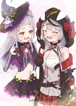 2girls ^_^ animal_hood black_choker black_gloves black_hair black_hat black_jacket black_skirt blush bow breasts camisole choker cleavage closed_eyes commentary_request cropped_shirt fingerless_gloves gloves grey_hair grey_shirt hair_bun hair_ornament hat highres hololive hood jacket large_breasts long_sleeves lowleg lowleg_skirt multicolored_hair multiple_girls murasaki_shion murasaki_shion_(1st_costume) navel open_clothes open_jacket orange_eyes orca_hood pinstripe_pattern pinstripe_shirt plaid_bow pleated_skirt red_bow red_skirt sakamata_chloe sakamata_chloe_(1st_costume) shirt side_up_bun skirt streaked_hair striped_clothes striped_shirt takotakochan_1006 tilted_headwear tongue vertical-striped_clothes vertical-striped_shirt virtual_youtuber white_camisole witch_hat x_hair_ornament