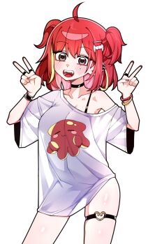 1girl ahoge akane_lize artist_request black_choker blush bra_strap breasts choker cleavage colored_inner_hair commentary_request contrapposto cowboy_shot double-parted_bangs double_v earclip fangs fingernails grey_eyes hair_ornament hairclip hands_up heart heart_o-ring highres jewelry korean_commentary long_shirt looking_at_viewer mole mole_on_breast mole_under_eye multicolored_hair multiple_rings nail_polish no_pants o-ring o-ring_thigh_strap off-shoulder_shirt off_shoulder open_mouth pienna_(akane_lize) print_shirt red_hair red_nails red_pupils ring second-party_source see-through_silhouette shirt simple_background single_off_shoulder solo standing stellive streaked_hair t-shirt thigh_strap two_side_up v virtual_youtuber white_background white_shirt