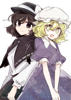 2girls :d back-to-back blonde_hair book bright_pupils brown_capelet brown_eyes brown_hair brown_skirt capelet closed_mouth commentary_request dress hat highres holding holding_book long_sleeves maribel_hearn mob_cap multiple_girls open_mouth own_hands_together purple_dress shirt short_sleeves skirt smile tama_(hiroshige_36) touhou twitter_username usami_renko white_background white_pupils white_shirt yellow_eyes