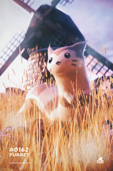 3d :3 absurdres animal_focus artist_name blurry blurry_background celebi350300687 character_name cinema_4d_(medium) commentary furret gen_2_pokemon grass highres lens_flare nintendo no_humans open_mouth outdoors pokedex_number pokemon pokemon_(creature) pokemon_focus smile solo windmill