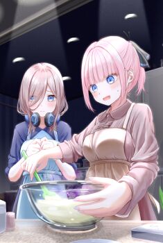 2girls absurdres apron artist_name bilingual_commentary blue_apron blue_dress blue_eyes blue_nails blunt_bangs blush bowl brown_apron brown_dress brown_hair ceiling_light closed_mouth collared_dress dated dress fingernails fluno go-toubun_no_hanayome hair_over_one_eye headphones headphones_around_neck highres holding holding_bowl holding_spatula indoors kitchen long_sleeves mixed-language_commentary mixing multicolored_nails multiple_girls nail_polish nakano_miku nakano_nino open_mouth parted_bangs pink_hair pink_nails ponytail refrigerator short_hair sleeve_pushed_up sleeves_rolled_up smile spatula sweatdrop two-tone_nails upper_body