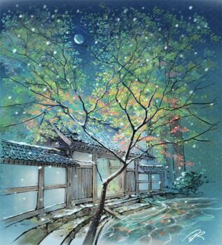 architecture building commentary_request east_asian_architecture moon night no_humans nzwt original outdoors scenery signature sky stairs tile_roof tree water