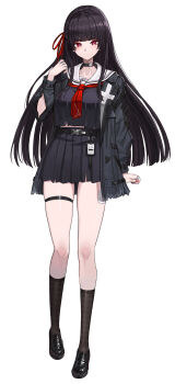 Rule 34 | 1girl, absurdres, black choker, black hair, black jacket, black serafuku, black shirt, black shoes, black skirt, black socks, breasts, bright pupils, chisa (wuthering waves), choker, closed mouth, collarbone, commentary, creno1605, english commentary, fingernails, full body, hair ribbon, hand up, highres, jacket, light blush, loafers, long hair, long sleeves, medium breasts, mole, mole under eye, neckerchief, red eyes, red neckerchief, red ribbon, ribbon, sailor collar, school uniform, serafuku, shirt, shoes, simple background, skirt, socks, solo, thigh strap, white background, white pupils, white sailor collar, wuthering waves