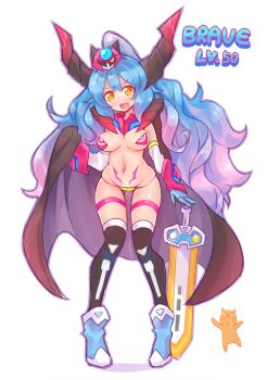 1girl :3 armor black_cape black_thighhighs blue_boots blue_hair blush boots breasts bugster_virus cape character_hair_ornament chibi demon_girl demon_horns ditienan_ddn gashacon_sword hair_ornament highres horns kamen_rider kamen_rider_brave kamen_rider_ex-aid_(series) large_breasts long_hair looking_at_viewer monster multicolored_hair navel open_mouth panties pasties personification pink_hair ponytail red_armor rider-tan smile standing stomach_tattoo sword taddle_fantasy_level_50 tattoo thigh_strap thighhighs two-tone_hair underwear very_long_hair weapon white_background yellow_eyes yellow_panties
