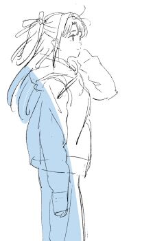 1girl closed_mouth hand_up highres hood hoodie kamiina_botan kamiina_botan_yoeru_sugata_wa_yuri_no_hana long_hair nazo_no_anime-dan pants smile solo two_side_up