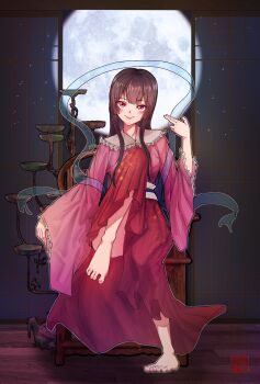 1girl 3d_background barefoot black_hair blush chileshi collar dress floral_print floral_print_dress foot_up frilled_collar frills full_moon hagoromo highres houraisan_kaguya knee_up lips long_hair long_sleeves looking_at_viewer moon night photo_background pink_shirt print_dress red_dress red_eyes see-through_clothes see-through_shawl shawl shirt shouji sitting sky sliding_doors smile solo star_(sky) starry_sky throne touhou white_collar wooden_floor