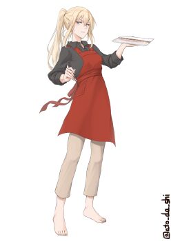 1girl absurdres alternate_costume apron artist_name atodashi barefoot bismarck_(kancolle) black_shirt blonde_hair blue_eyes breasts character_request check_character chopsticks collared_shirt eyelashes feet fish full_body grey_pants hair_between_eyes highres holding holding_plate kantai_collection long_hair looking_at_viewer painting_(object) pants parted_lips plate ponytail red_apron shirt sidelocks simple_background small_breasts solo toenails toes twitter_username white_background